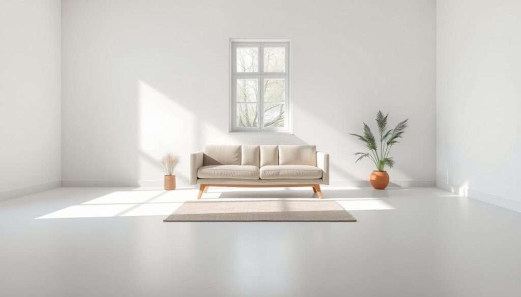 A minimalist living room set against a serene, negative space backdrop. Soft, natural lighting filters through a large window, creating a calming ambiance. A single, low-profile sofa occupies the center, its clean lines and muted tones emphasizing the uncluttered aesthetic. Surrounding it, expanses of bare floor and walls, allowing the eye to rest and the mind to find peace. Subtle textures, such as a woven rug or a few potted plants, add depth without disrupting the overall sense of simplicity. The composition is balanced, with a harmonious interplay of positive and negative space, inviting the viewer to pause and savor the tranquility of this mindful living environment.