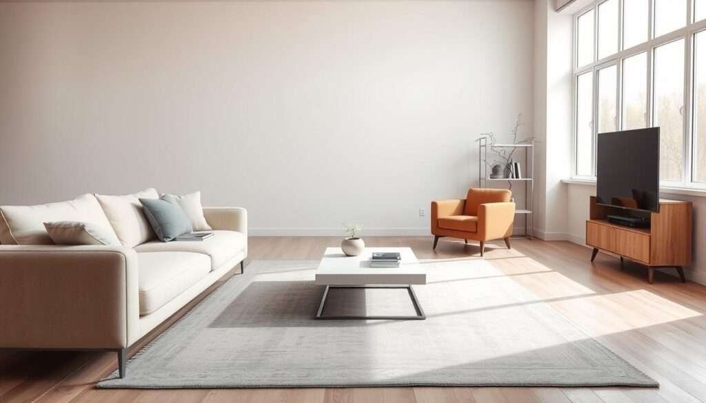 A minimalist living room showcasing a color comparison of neutral tones. The foreground features a clean-lined, modern sofa in shades of beige, complemented by a soft gray rug and a minimalist coffee table. The middle ground displays a pair of armchairs in earthy tones, positioned to create a cozy seating arrangement. The background reveals a bare, white wall, allowing the colors and textures to take center stage. The lighting is natural, streaming in through large windows, creating a serene and calming ambiance. The overall composition emphasizes the harmonious interplay of muted, sophisticated hues, perfectly capturing the essence of a minimalist living room design.