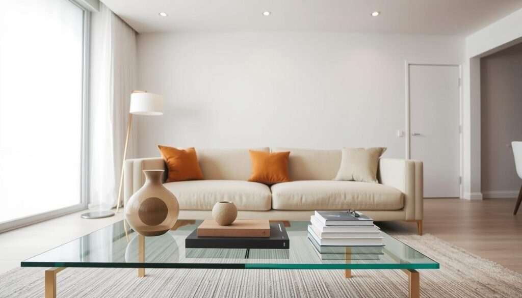A minimalist living room showcasing carefully curated decor clusters. In the foreground, a sleek glass coffee table displays a few thoughtfully arranged decorative objects - a ceramic vase, a small sculpture, and a stack of neatly arranged books. The middle ground features a plush, neutral-toned sofa accented by two throw pillows in complementary hues. Soft, indirect lighting from a floor lamp and recessed ceiling fixtures creates a warm, inviting ambiance. The background reveals clean, white walls and a large window that floods the space with natural light, emphasizing the airy, uncluttered aesthetic. The overall mood is one of simplicity, balance, and elegant sophistication.