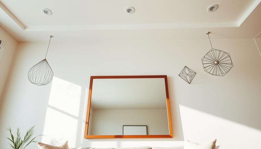 A minimalist living room wall adorned with a trio of simple, geometric-inspired DIY wall decor projects. In the foreground, a sleek, rectangular wood-framed mirror reflects the natural light streaming in from large windows. On either side, hanging wire sculptures create a captivating visual balance, their clean lines and neutral tones complementing the overall aesthetic. The middle ground features a subtly textured, off-white plaster wall, providing a serene, gallery-like backdrop. Soft, diffused lighting from recessed ceiling fixtures casts a warm, inviting glow, while a wide-angle lens captures the harmonious composition. The overall mood is one of understated sophistication and modern, Scandinavian-inspired design.