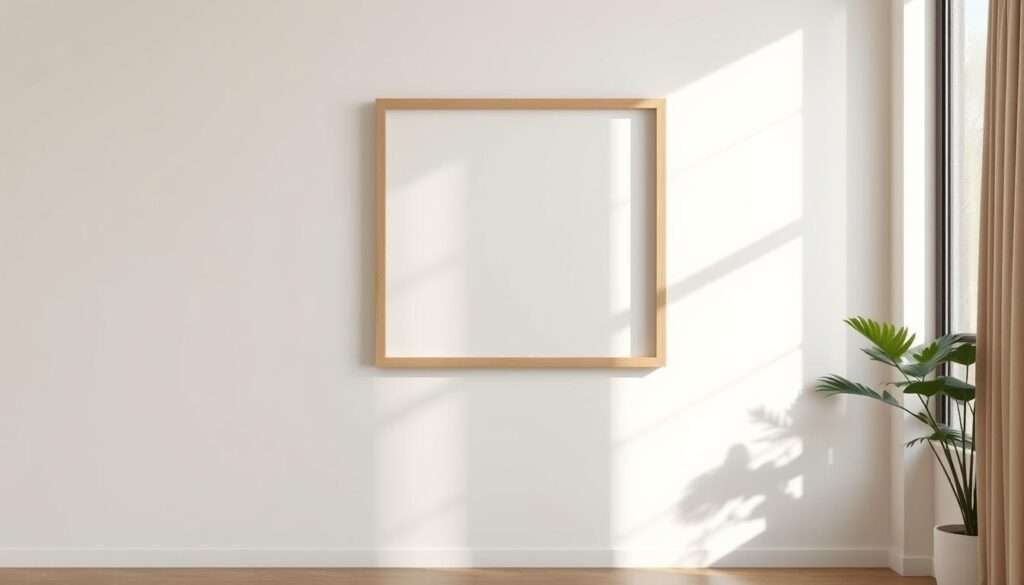 A minimalist living room wall, bathed in soft, diffused natural light streaming through a large window. The focal point is a simple, clean-lined wooden frame, subtly casting a delicate shadow that accentuates the surrounding negative space. The wall's smooth, neutral-toned surface provides a serene backdrop, allowing the interplay of light and shadow to take center stage. The composition emphasizes the beauty and power of empty space, guiding the viewer's eye to appreciate the understated elegance of this minimalist design.
