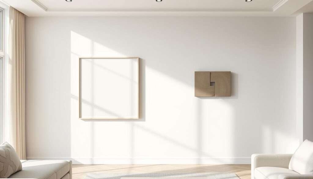 A minimalist living room wall, bathed in soft, natural lighting. Prominently displayed are two large, geometric wall art pieces - a simple square frame and a rectangular abstract sculpture. The frames are proportionally scaled to the wall's dimensions, creating a harmonious balance. The artwork casts gentle shadows, adding depth and dimension. The overall aesthetic is clean, modern, and visually captivating, highlighting the power of scale and proportion in minimalist decor. The room's neutral color palette and uncluttered design allow the wall decor to take center stage, showcasing its refined elegance.