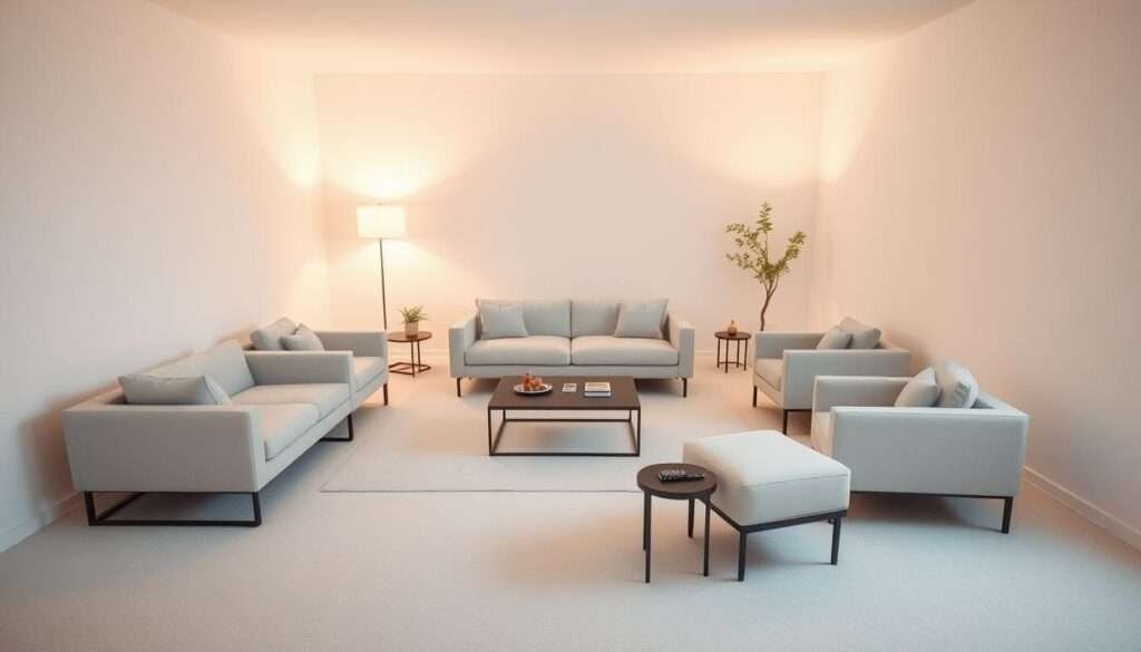 A minimalist living room with a clean, uncluttered layout. The furniture arrangement flows seamlessly, creating an effortless path for movement. A sleek sofa anchors the space, paired with a low coffee table and two armchairs positioned to encourage natural conversation. Warm, diffused lighting from a floor lamp and large window casts a cozy glow, highlighting the smooth lines and neutral tones of the decor. The layout prioritizes functionality, allowing ample room for walking while maintaining a sense of balance and intention. The overall atmosphere is serene, inviting, and conducive to relaxation.