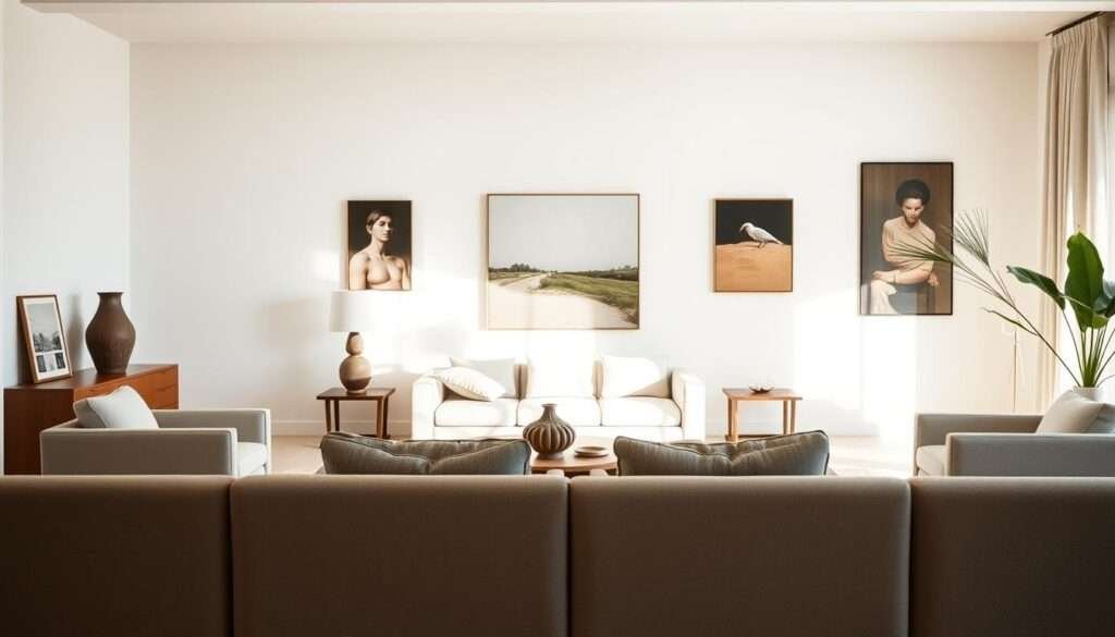 A minimalist living room with a focus on curated art pieces. The space features clean lines, neutral tones, and natural textures. In the foreground, a few carefully selected paintings or sculptures are displayed on the walls, creating visual interest and a sense of intentionality. The middle ground showcases a simple, streamlined sofa and armchair arrangement, allowing the art to take center stage. The background is bathed in soft, natural lighting, creating a serene and calming atmosphere. The overall aesthetic is one of understated elegance, where the art and the furniture work in harmony to create a harmonious and meaningful living space.