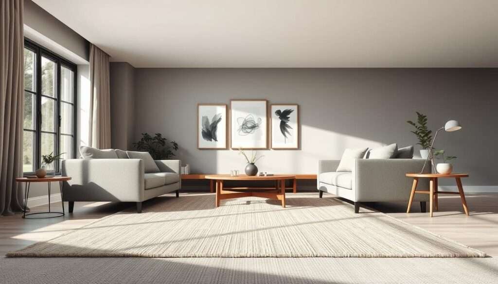 A minimalist living room with a muted color palette and layered textures. A large window bathes the space in soft, natural lighting, casting gentle shadows across the room. In the foreground, a plush, neutral-toned area rug grounds the space, its woven fibers adding subtle visual interest. Flanking the rug, two sleek, low-profile sofas upholstered in a smooth, earthy fabric invite relaxation. On the far wall, a monochromatic gallery wall featuring abstract artwork creates a calming focal point. Smooth wood accents, such as a minimalist coffee table and side tables, offer contrast to the soft furnishings. Potted plants and a delicate pendant light complete the serene, monochromatic scene.