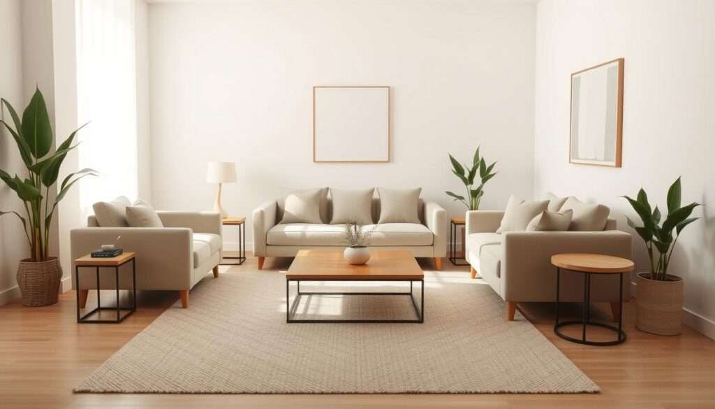 A minimalist living room with a neutral color palette, bathed in soft, natural light. The room features clean, modern lines, with a neutral-toned sofa and armchair arrangement. A large, textured area rug grounds the space, complemented by simple, geometric side tables and a low, wooden coffee table. Tall, potted plants in the corners add a natural touch, while the walls are adorned with simple, abstract art pieces. The room exudes a sense of calm and tranquility, perfect for relaxation and contemplation.