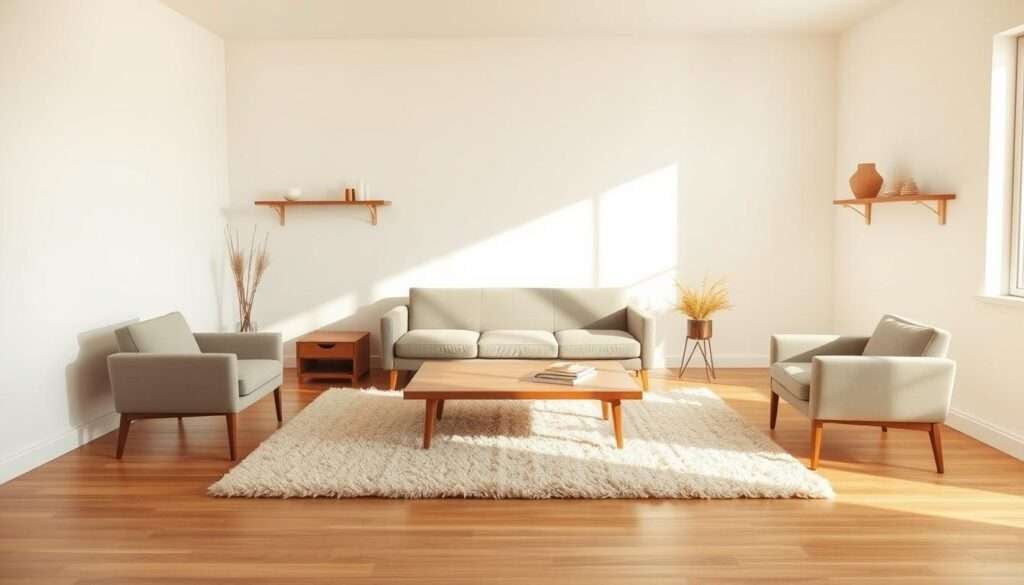 A minimalist living room with a neutral color palette. The room is bathed in soft, natural lighting, creating a calming and inviting atmosphere. The walls are painted in a warm, off-white hue, complemented by a plush, beige area rug that covers the hardwood floor. In the center, a low-profile, grey sofa sits atop a sleek, wooden coffee table. Flanking the sofa are two armchairs in a complementary neutral tone. Simple, geometric shelves on the walls display a few carefully curated decor pieces, while a large window allows natural light to pour in, highlighting the room's clean, uncluttered design.