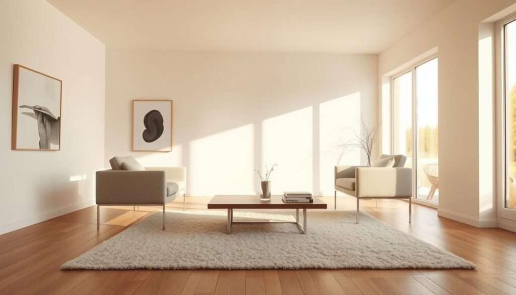 A minimalist living room with a serene, floating furniture arrangement. The sofa, armchair, and coffee table appear to defy gravity, gently suspended in mid-air, creating an illusion of weightlessness. The room is bathed in soft, natural light filtering through large windows, casting a warm, ambient glow. The walls are adorned with simple, abstract artwork, complementing the clean, uncluttered aesthetic. The floor is covered in a plush, neutral-toned rug, adding texture and warmth to the space. The overall atmosphere is one of tranquility and thoughtful design, inviting the viewer to imagine the joys of living in such a harmonious, minimalist environment.