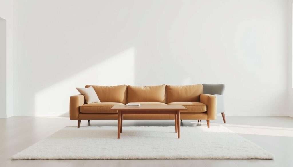 A minimalist living room with a serene, neutral color palette. The space features a clean, uncluttered design with soft, muted tones. In the foreground, a cozy, low-profile sofa in a warm beige hue sits atop a plush, off-white area rug. Behind it, a simple, wooden coffee table with clean lines takes center stage. The middle ground showcases a pair of mid-century inspired armchairs in a subtle gray shade, complementing the overall aesthetic. The background is adorned with bare, white walls, allowing the natural light to flood the room and create a calming, tranquil ambiance. The lighting is soft and diffused, emphasizing the minimalist, understated elegance of the space.