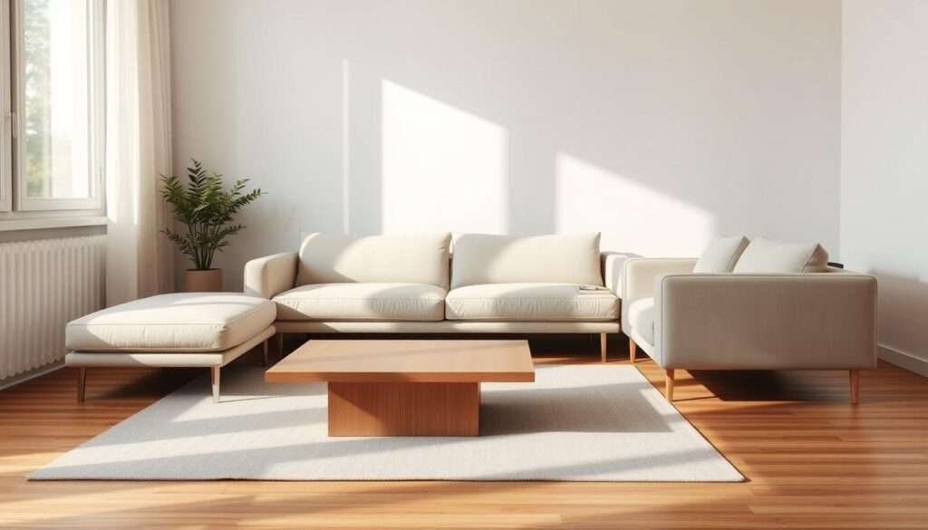 A minimalist living room with a sleek, low-profile sofa and a modern, rectangular coffee table. The sofa is composed of clean lines and neutral tones, perfectly complementing the simple, yet elegant coffee table made of light-colored wood. The room is bathed in soft, natural lighting, creating a serene and calming atmosphere. The furniture is arranged in a harmonious, balanced layout, emphasizing the uncluttered, streamlined aesthetic. The entire scene conveys a sense of tranquility and focus, reflecting the essence of minimalist living room design.