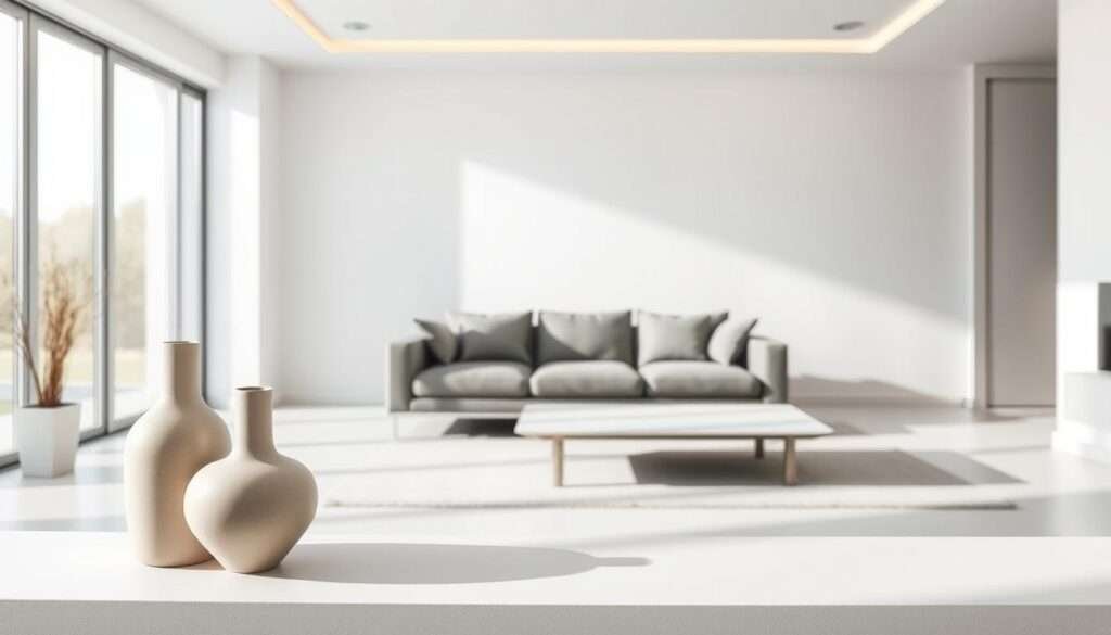 A minimalist living room with a sleek, modern design. In the foreground, two ceramic vases in neutral tones sit atop a low, floating shelf, casting subtle shadows. The middle ground features a clean-lined, grey sofa, accentuated by natural light filtering through large windows. In the background, the walls are painted in a calming, off-white hue, creating a serene atmosphere. The lighting is soft and diffused, highlighting the simple, elegant decor. The overall composition emphasizes balance, harmony, and a sense of visual tranquility, perfectly complementing the TV-centric "Minimalist Living Room" theme.