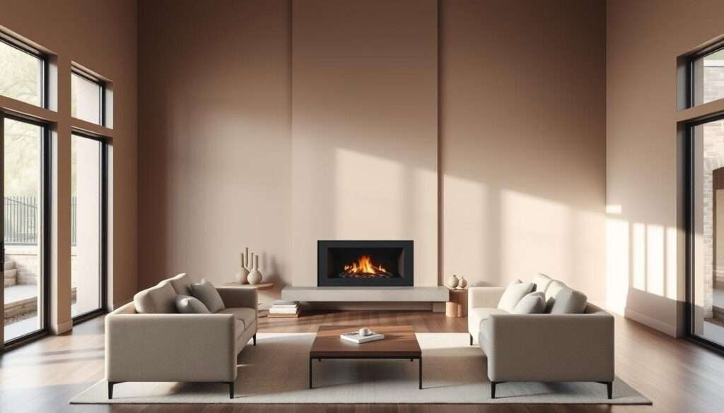 A minimalist living room with a striking focal point design. In the center, a sleek, modern fireplace is framed by a minimalist surround, casting a warm glow. Surrounding it, a cozy seating area with a plush, neutral-toned sofa and two matching armchairs. The space is bathed in soft, natural light filtering in through large, framed windows, creating a serene and calming atmosphere. The walls are painted in a muted, earthy tone, allowing the fireplace to take center stage. Subtle decorative accents, such as a wooden side table and a simple, geometric rug, complement the overall minimalist aesthetic. The entire scene exudes a sense of balance, simplicity, and intentional design.