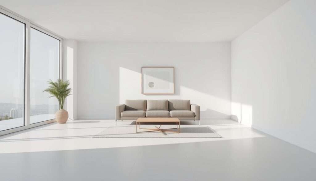 A minimalist living room with clean lines, neutral tones, and a focus on simplicity. A large, uncluttered window dominates the foreground, allowing natural light to flood the space. In the middle ground, a low-profile sofa and a simple, geometric coffee table create a harmonious arrangement. The background features bare walls, with a single piece of abstract artwork providing a subtle focal point. The overall atmosphere is calming and serene, emphasizing the beauty of negative space and the intentionality of each design element.