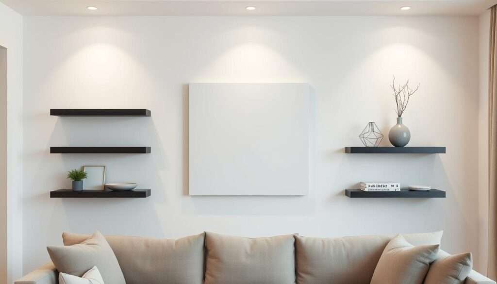 A minimalist living room with clean, simple wall decor. A neutral-toned canvas or abstract painting takes center stage, framed by sleek black or white floating shelves. Accent pieces like a small plant, ceramic vase, or metal sculpture add subtle visual interest. Soft, diffused lighting illuminates the space, creating a serene and calming atmosphere. The room is airy and uncluttered, with the wall decor thoughtfully arranged to complement the room's modern, minimalist aesthetic.