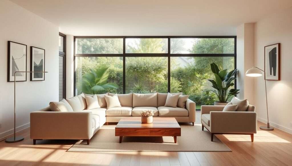 A minimalist living room with clean, uncluttered lines and a warm, inviting atmosphere. A large, neutral-toned sofa takes center stage, complemented by a low, wooden coffee table and a pair of matching armchairs. The walls are adorned with a few carefully curated pieces of abstract art, their simple yet striking compositions adding visual interest. Soft, diffused lighting from a sleek, minimalist floor lamp casts a gentle glow, creating a cozy and relaxing ambiance. The room is bathed in natural light, streaming in through large windows that offer a view of a lush, verdant garden. The overall effect is one of understated elegance and serene, yet inviting, minimalism.