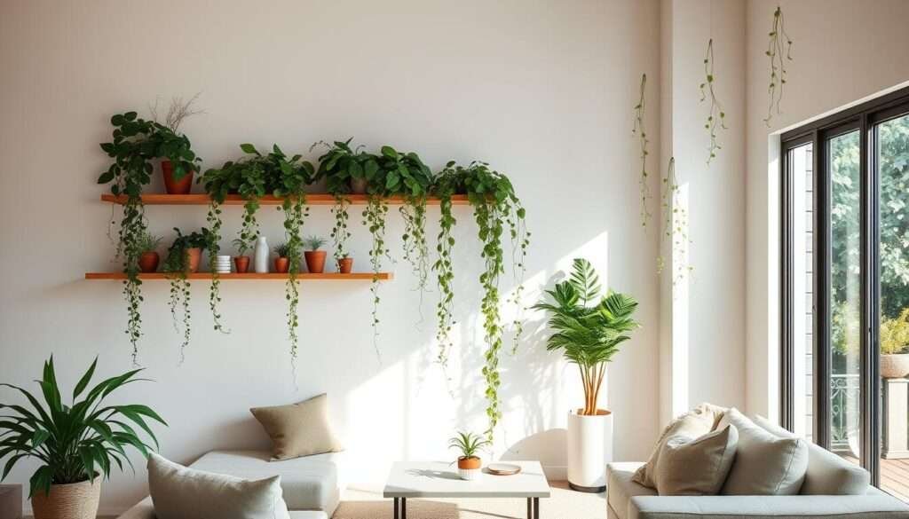 A minimalist living room with lush greenery cascading from floating shelves, bathed in warm, natural lighting. The room features clean lines, neutral tones, and a cozy, inviting atmosphere. Potted plants and trailing vines adorn the space, adding a fresh, nature-inspired touch. The layout is simple yet stylish, with a focus on functionality and a harmonious blend of textures. A large window frames the scene, allowing the outdoor greenery to spill in and further enhance the tranquil, serene ambiance.