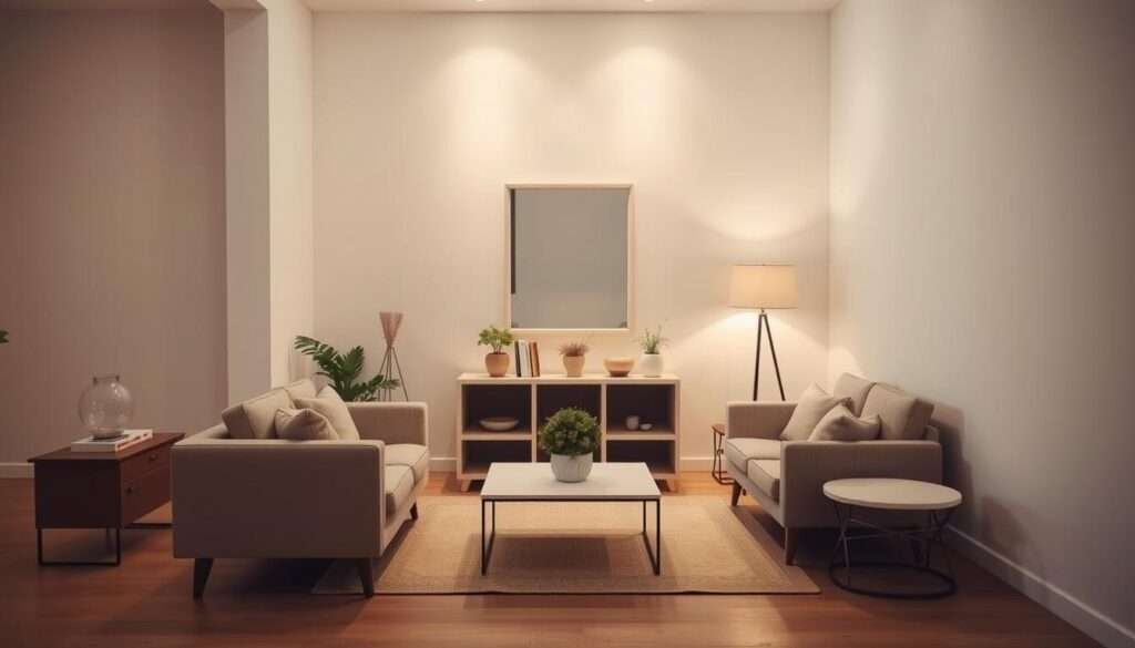 A minimalist living room with scaled-down furniture that fits the small space. Soft, indirect lighting creates a warm, cozy atmosphere. In the foreground, a compact sofa and armchair are proportionally sized for the room, their clean lines and neutral tones blending seamlessly. A slim, low-profile coffee table and end tables occupy the middle ground, their scaled dimensions optimized for the limited floor area. Hanging above, a delicately framed wall mirror reflects the space, creating an illusion of depth. In the background, a simple, uncluttered arrangement of small-scale decor and plants completes the harmonious, livable aesthetic.