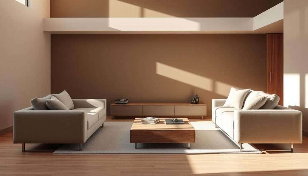 A minimalist living room with sleek, clean-lined furniture featuring hidden storage compartments. The pieces are arranged in a harmonious, balanced layout, casting soft shadows on the muted, earthy-toned walls. Warm, indirect lighting casts a cozy, relaxing ambiance, highlighting the natural wood grain and matte finishes. The overall aesthetic is one of understated elegance and functional simplicity, inviting a sense of tranquility and mindfulness.