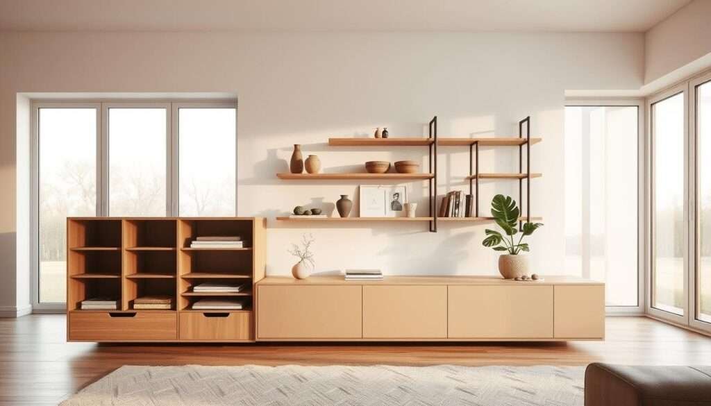 A minimalist living room with sleek, compact storage solutions that maximize space and maintain a clean, uncluttered aesthetic. The foreground features a low-profile storage unit with a combination of open shelves, hidden compartments, and modular drawers, all in a muted, natural wood tone. In the middle ground, a floating wall-mounted shelving system displays decorative objects and plants, creating visual interest without visual weight. The background showcases large windows that flood the room with warm, diffused natural light, enhancing the serene, airy atmosphere. The scene is captured with a wide-angle lens to emphasize the spaciousness and efficient use of the minimalist layout.