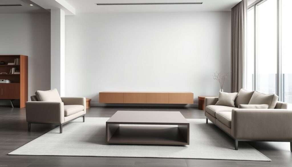 A minimalist living room with sleek, low-profile furniture, illuminated by soft, natural light filtering through large windows. The focal point is a low, rectangular coffee table with clean lines and a matte finish, surrounded by a pair of armchairs with gentle curves and a neutral color palette. The space exudes a sense of calm and balance, with the furniture in perfect harmony with the architecture and the overall atmosphere.