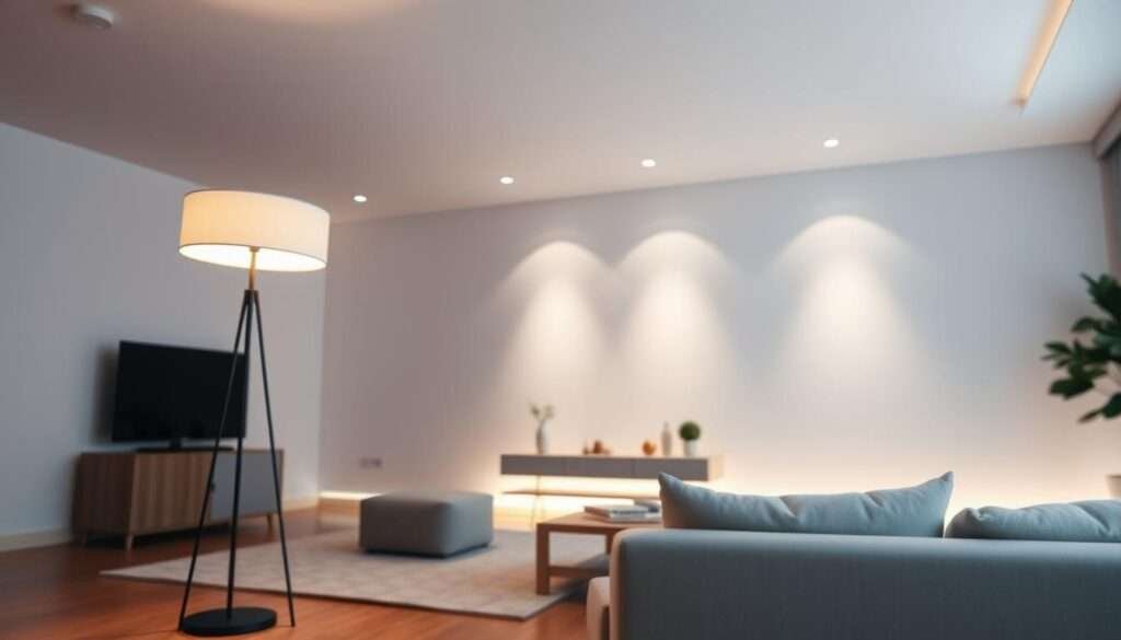 A minimalist living room with strategic lighting for a cozy, relaxed atmosphere. A single floor lamp casts a warm, soft glow in the foreground, creating a inviting focal point. In the middle ground, a series of recessed ceiling lights illuminate the space evenly, highlighting the clean lines of the furniture and decor. The background is gently lit by hidden LED strip lighting along the baseboards, adding depth and ambiance without drawing the eye. The overall scene conveys a sense of tranquility and comfort, with the lighting working in harmony to support the minimalist design aesthetic.