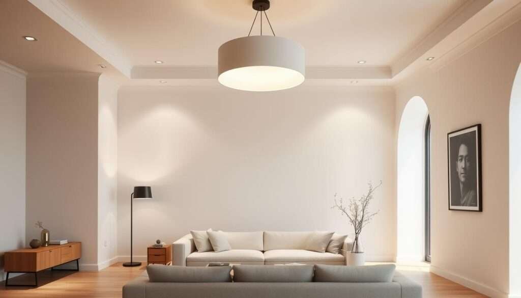 A minimalist living room with strategic lighting layers that create a warm, cozy atmosphere. The room is bathed in a soft, diffused light from a large overhead pendant fixture, casting a gentle glow across the neutral color palette. Directed task lighting illuminates key areas, such as a reading nook with a floor lamp, while accent lights highlight architectural details and artwork. The lighting is balanced, with no harsh shadows or hot spots, producing a harmonious and functional environment perfect for relaxation and entertaining.