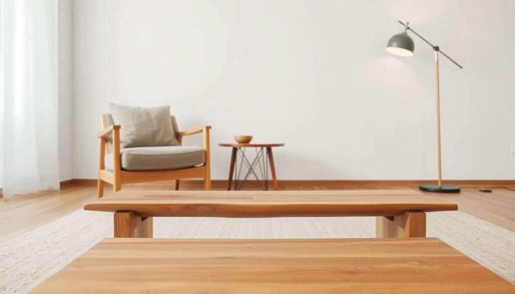 A minimalist living room with warm, natural wood accents. In the foreground, a sleek wooden coffee table with a clean, uncluttered surface. In the middle ground, a cozy armchair with a plush, neutral-toned cushion, complemented by a wooden side table. The background features a sparse, white wall, allowing the wood elements to take center stage. Soft, diffused lighting from a modern floor lamp creates a calming, inviting atmosphere. The overall scene conveys a sense of balance, simplicity, and a touch of rustic charm, perfectly embodying the essence of minimalist decor with wood accents.