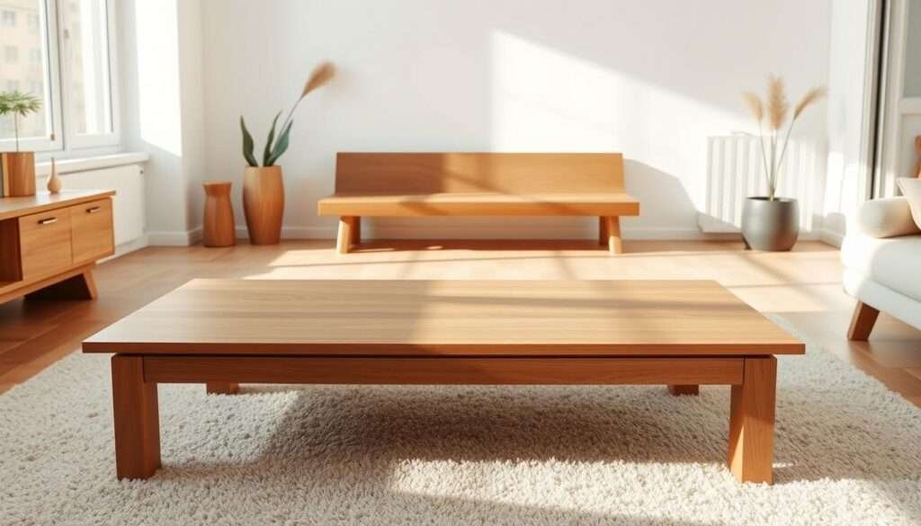A minimalist living room with warm wood accents. In the foreground, a sleek wooden coffee table with clean lines, complemented by a plush neutral-toned rug. In the middle ground, a low-profile wooden bench or side table, its simple design accentuated by natural lighting filtering through large windows. The background features a smooth, whitewashed wall, providing a calming backdrop to the organic wood elements. The overall scene exudes a sense of understated elegance, with the wood accents adding depth, texture, and a touch of rustic charm to the minimalist decor. Captured with a wide-angle lens to showcase the room's balanced, harmonious composition.