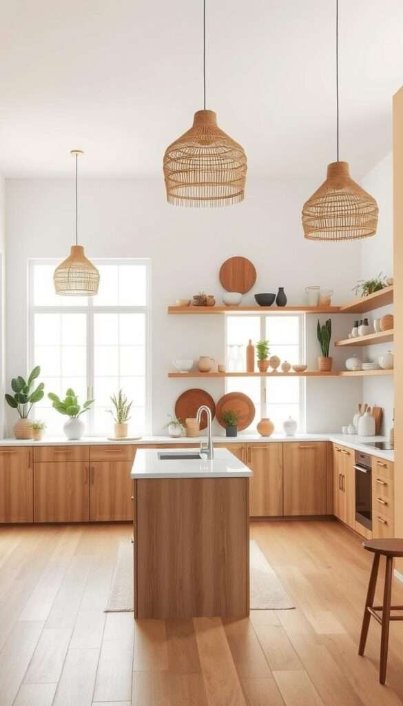 A minimalist modern boho kitchen layout with natural wood accents, clean lines, and a serene, calming atmosphere. The foreground features a spacious central island with a sleek quartz countertop, surrounded by modern, handleless cabinets in a warm neutral tone. The middle ground showcases an abundance of open shelving displaying decorative ceramics, potted plants, and artisanal kitchenware. The background portrays large windows that flood the space with soft, diffused natural light, blending seamlessly with the whitewashed walls and natural fibers of the woven pendant lamps. The overall scene conveys a sense of harmony, functionality, and a tranquil, uncluttered Boho ambiance.