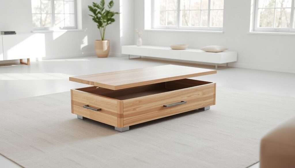 A minimalist, modern coffee table with a dual-purpose design, featuring a sleek wooden top and a hidden storage compartment beneath. The table is placed in a bright, airy living room with white walls, natural light filtering through large windows. Subtle muted tones and clean lines create a calming, minimalist atmosphere. The table is positioned at a slight angle, allowing for a clear view of the storage area and highlighting its practical functionality. Captured with a wide-angle lens to showcase the table's integrated design and seamless integration into the living space.