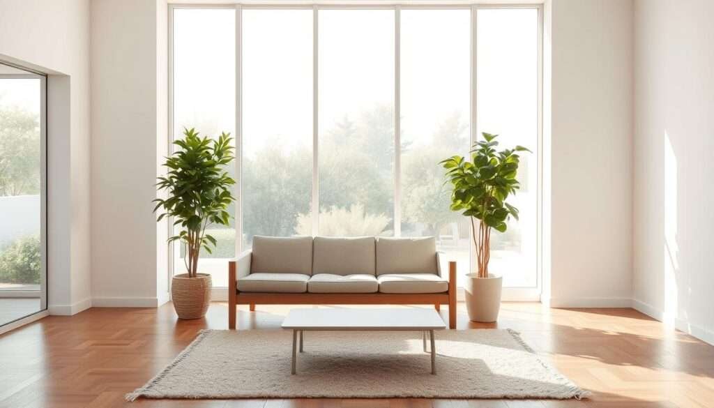 A minimalist room with a serene, natural ambiance. A large, floor-to-ceiling window floods the space with soft, diffused natural light, casting a warm glow on the crisp, white walls and hardwood floors. In the foreground, a low-profile, wooden-framed couch sits atop a plush, neutral-toned area rug. Flanking the couch, two potted plants with lush, verdant foliage stand tall, adding a refreshing touch to the pared-down interior. The middle ground features a sleek, minimalist coffee table, its clean lines complementing the overall aesthetic. The background showcases a view of a tranquil outdoor garden, further enhancing the connection between the indoor and outdoor spaces.