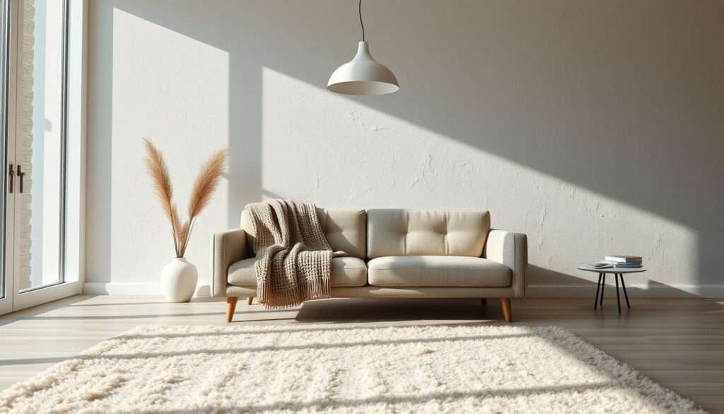A minimalist, textured decor in a sun-drenched living room. In the foreground, a thick, neutral-toned area rug grounds the space, its soft fibers inviting bare feet. Mid-frame, a low-profile, modern sofa is draped with a cozy knit throw, its tones and patterns adding visual interest. In the background, a feature wall showcases clean, organic plaster textures, casting warm shadows that dance across the space. Overhead, a simple, sculptural pendant light casts a gentle glow, illuminating the textures and creating a serene, yet elevated atmosphere. The entire scene exudes a sense of calm and considered simplicity.