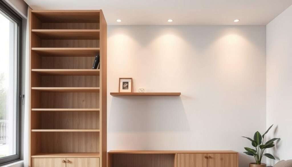 A minimalist, vertical design for a small living space. A tall, narrow bookshelf or shelving unit dominates the foreground, its clean lines and natural wood tones creating a sense of intentionality. Floating wall shelves in the middle ground hold a few carefully curated decor pieces, drawing the eye upward. Soft, diffused lighting from above casts a warm glow, complementing the neutral color palette. The background features a large window, allowing natural light to flood the space and create a sense of openness, despite the compact footprint. The overall atmosphere evokes a serene, uncluttered aesthetic that maximizes the vertical dimension to make the most of a small living room.