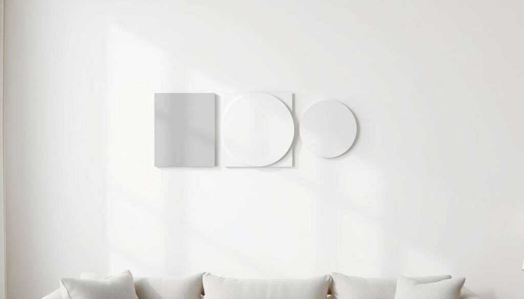 A minimalist wall art arrangement featuring a trio of simple, geometric shapes in muted shades of gray and white. The shapes are arranged in a balanced, asymmetric composition against a clean, white wall. The lighting is soft and diffused, casting gentle shadows that add depth and dimension to the display. The overall aesthetic is modern, sophisticated, and imbued with a sense of tranquility and restraint, perfectly complementing a minimalist living room design.