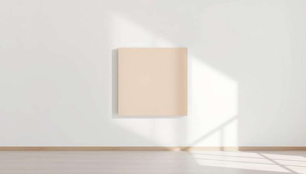 A minimalist wall art decor piece, featuring a simple geometric shape in a muted earthy tone. The shape, a smooth, understated square or rectangle, is the focal point, positioned centrally against a clean, white wall. The artwork is illuminated by soft, natural lighting, creating subtle shadows that add depth and texture. The overall composition exudes a sense of calm and balance, perfectly complementing a modern, pared-back living space. The artwork is rendered in a high-quality, photo-realistic style, showcasing the elegant simplicity of the design.