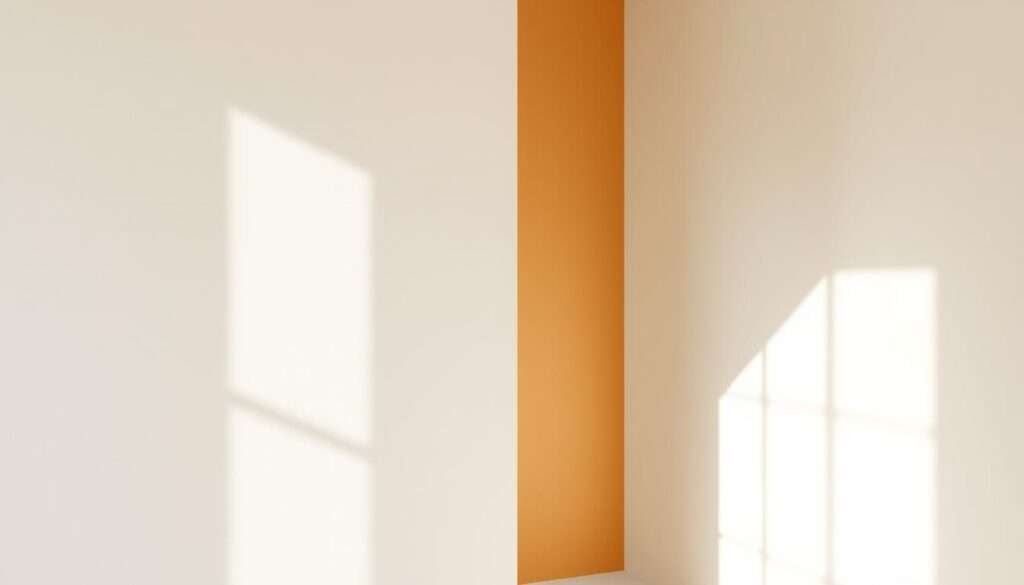 A minimalist wall color palette featuring a serene, harmonious blend of soft, muted tones. In the foreground, a subtly textured neutral beige wall, with natural light gently cascading across its surface. In the middle ground, accents of warm, earthy ochre and muted sage green, creating a calming, balanced composition. The background has a hint of pale, airy blue, evoking a sense of tranquility and spaciousness. The lighting is soft and diffused, creating a peaceful, contemplative atmosphere. The overall aesthetic is elegantly simple, with a focus on simplicity, harmony, and natural beauty, perfectly suited for a minimalist living room.