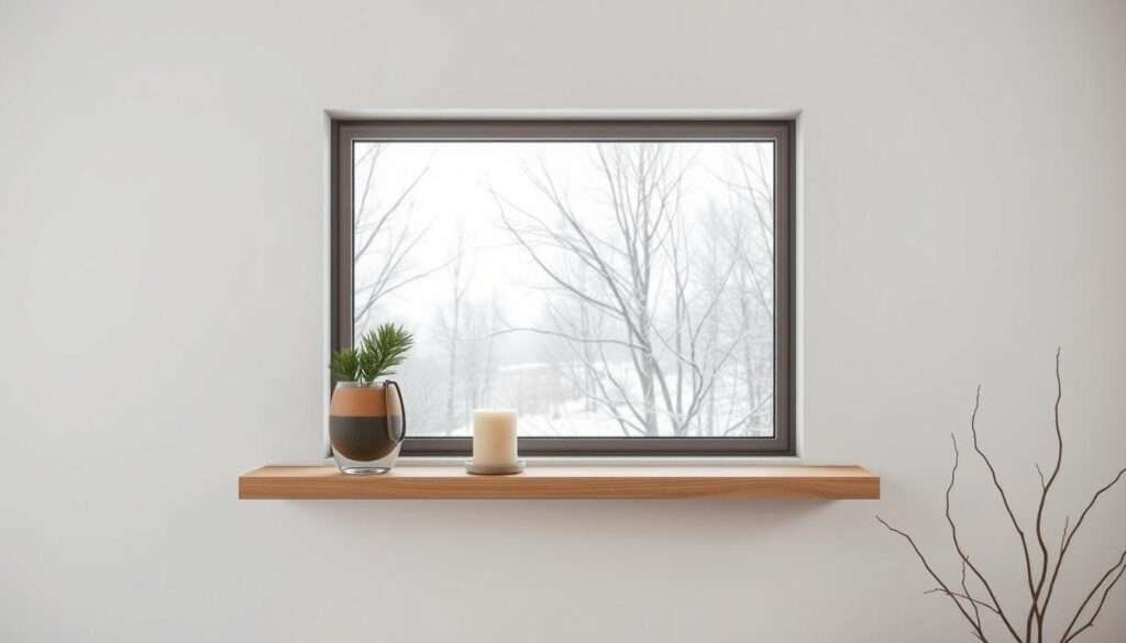 A minimalist wall decor display featuring seasonal elements. In the foreground, a simple floating wooden shelf holds a single potted plant and a neutral-toned candle. The middle ground showcases a large window with soft, natural lighting filtering in. Outside, a serene landscape with bare trees and a dusting of snow. The overall atmosphere is one of calm, contemplative simplicity, highlighting the beauty of the changing seasons. Muted earth tones and clean lines create a harmonious, tranquil visual experience. A 50mm lens captures the scene with a slightly soft, slightly hazy effect, evoking a sense of timelessness.