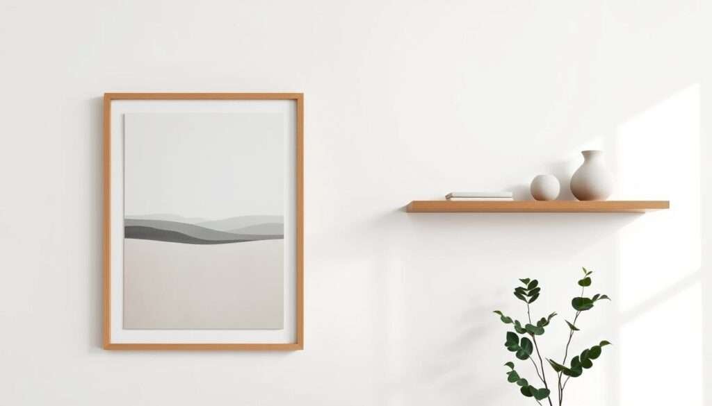 A minimalist wall decor with framed art, featuring a clean and sophisticated look. In the foreground, a simple yet elegant wooden frame showcases a modern abstract painting, its muted colors and geometric patterns creating a serene focal point. The middle ground features a sleek, floating wall shelf, upon which a small potted plant and a few carefully curated decorative objects, such as a ceramic vase or a stone sculpture, add subtle textural interest. The background is a pristine white wall, bathed in soft, natural lighting from a large window, emphasizing the overall sense of tranquility and balance. The composition is well-proportioned, with a harmonious balance of positive and negative space, resulting in a visually stunning and calming minimalist display.
