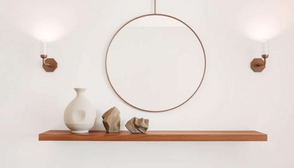A minimalist wall display showcasing a few carefully curated decorative pieces. In the foreground, a sleek floating wood shelf hosts an abstract ceramic sculpture and a weathered stone sculpture, both with a tactile, natural quality. Against a clean white wall, the middle ground features a large circular mirror with a minimalist metal frame, reflecting the room's soothing ambiance. Soft, diffused lighting from sconces on either side casts a warm glow, creating a contemplative, serene atmosphere. The overall composition strikes a balance between form, texture, and negative space, resulting in a thoughtfully styled, meaningful display.