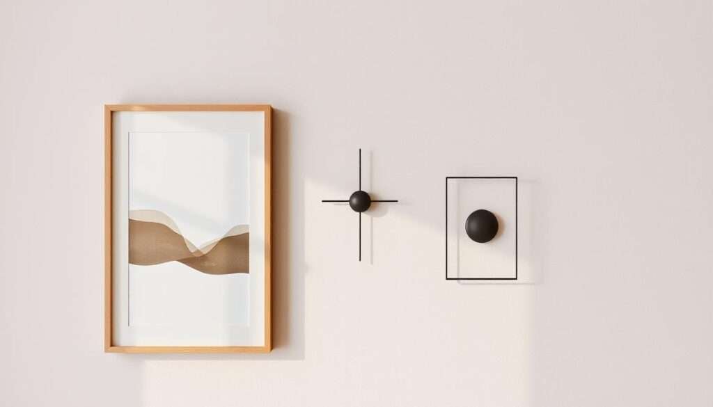 A minimalist wall display showcasing a harmonious blend of natural textures and modern aesthetic. In the foreground, a clean-lined wooden frame holds a simple yet captivating abstract print in muted earth tones, casting soft shadows on the neutral-hued wall behind. In the middle ground, a trio of sleek metal wall sculptures in varying geometric shapes create an eye-catching focal point, their matte finishes complementing the warmth of the wooden frame. The background features a subtly textured neutral-colored wallpaper, providing a serene and uncluttered backdrop that allows the carefully curated decor pieces to shine. The overall scene radiates a sense of refined elegance, where minimalism meets personality to create a visually captivating and harmonious living space.