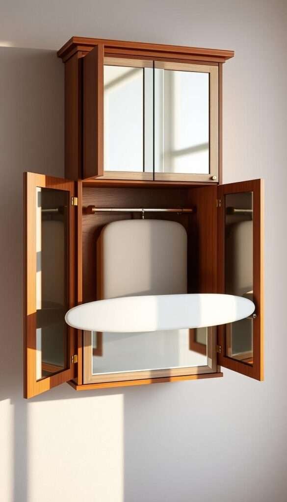 A mirrored, wooden cabinet with an integrated fold-down ironing board, mounted on a light gray wall. The cabinet's doors open to reveal the ironing board, now converted into a sleek, modern wall decor piece. Subtle brass hardware and a minimalist design create a refined, functional aesthetic. Warm, directional lighting from the side casts gentle shadows, highlighting the wood grain and metallic accents. The cabinet's mirrored surface reflects the surrounding space, creating an illusion of depth and visual interest. This versatile storage solution seamlessly transitions from practical to decorative, blending form and function.