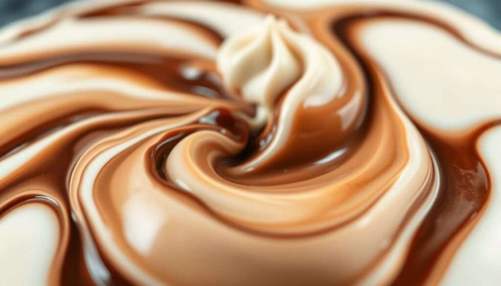 A mixture of silky, smooth, and creamy textures swirling together in a captivating dance. The foreground features a viscous, gelatinous blend of soft, pliable ingredients, capturing the essence of a perfect, no-bake consistency. The middle ground showcases the interplay of various tones and hues, from rich, velvety chocolates to delicate, airy whipped creams. In the background, a soft, diffused lighting casts a warm, inviting glow, evoking a sense of comfort and indulgence. Captured with a shallow depth of field, the image emphasizes the intricate details and alluring allure of this delectable mixture, perfect for showcasing the troubleshooting of texture and consistency in a no-bake moose farts recipe.