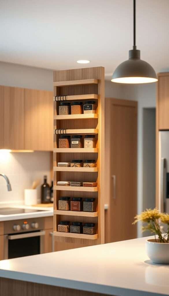 A modern Scandinavian-style kitchen with a vertical spice organizer mounted on the wall. The organizer features clean lines, minimalist design, and natural wood tones that complement the neutral color palette of the kitchen. Soft, diffused lighting from overhead fixtures casts a warm glow, highlighting the textures and materials. The organizer is positioned prominently in the foreground, drawing the eye to its functional and aesthetic qualities. In the middle ground, glimpses of the kitchen's sleek cabinetry, stainless steel appliances, and white countertops can be seen, conveying a sense of order and efficiency. The background fades into a blurred, atmospheric setting, creating a sense of depth and focus on the central spice organizer feature.