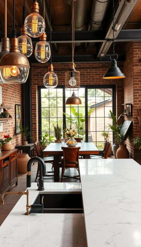 A modern boho kitchen with rustic and industrial elements, illuminated by warm natural light. In the foreground, a sleek marble countertop with a mix of burnished brass and matte black fixtures. Hanging above, an eclectic assortment of pendant lights in various shapes and textures. In the middle ground, a vintage wooden dining table surrounded by mismatched chairs, some with worn leather seats. Behind, exposed brick walls and steel beams, lending an urban loft vibe. Potted plants and woven baskets add pops of organic texture, while a large window frames the scene with a view of a lush, verdant courtyard. The overall atmosphere is one of effortless, refined elegance, blending modern minimalism with rustic charm.