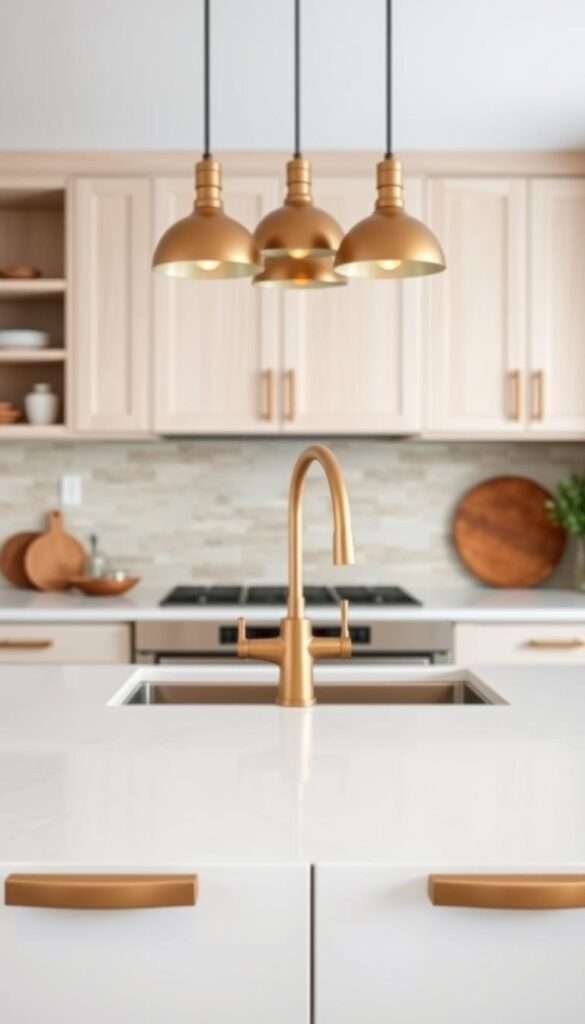 A modern boho kitchen with subtle metallic hardware accents. In the foreground, sleek brushed brass cabinet pulls and drawer handles with a warm, muted sheen. In the middle ground, a copper or brass faucet with a minimalist design gleams against a natural stone backsplash. Overhead, a trio of brass or bronze pendant lights cast a soft, ambient glow, their industrial-chic silhouettes complementing the organic textures of the kitchen. The background features white oak cabinetry and open shelving, creating a light, airy atmosphere accentuated by the metallic hardware's gentle shine. The overall scene exudes a serene, sophisticated boho vibe.