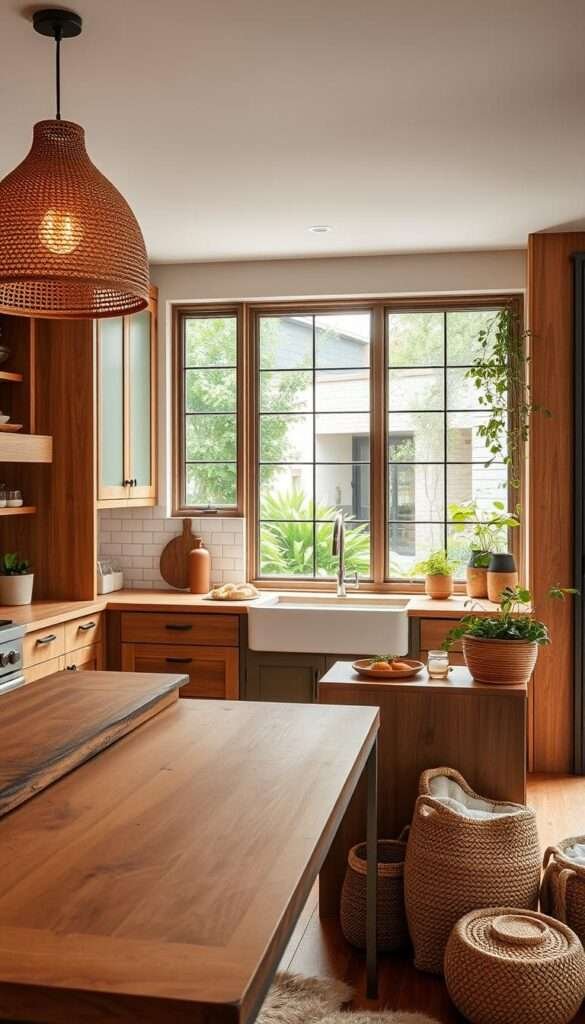 A modern boho kitchen with warm, natural tones and textures. The foreground features a large, wooden kitchen island with a live-edge countertop, complemented by rattan pendant lights casting a soft, ambient glow. In the middle ground, custom wood cabinets with muted olive green doors blend seamlessly with a subway tile backsplash. The background showcases large windows overlooking a lush, greenery-filled courtyard, allowing natural light to flood the space. Layered textiles, such as a sheepskin rug and woven baskets, add cozy accents, while plants and herbs on the windowsill bring the outdoors in. The overall atmosphere is one of relaxed sophistication, blending bohemian charm with contemporary elegance.