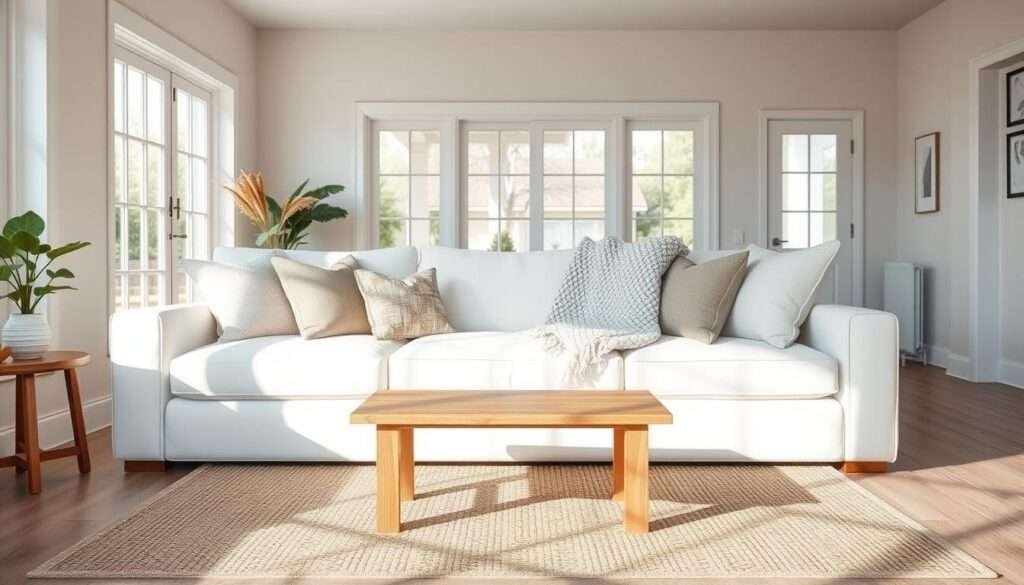A modern farmhouse-inspired living room with a large, plush white sofa positioned centrally. The sofa fills a significant portion of the frame, giving a sense of scale and proportion. Bright, natural lighting filters in through large windows, illuminating the space. Textured throw pillows and a cozy knitted blanket adorn the sofa, adding depth and visual interest. The floor is covered in a neutral, woven area rug, and a wooden coffee table sits in front of the sofa, creating a balanced and harmonious composition. The overall atmosphere is warm, inviting, and reflective of the "Bright & Timeless Style" theme.
