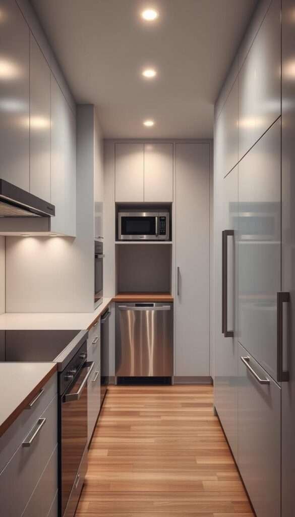 A modern galley kitchen layout showcasing a variety of space-saving appliances. In the foreground, a sleek induction cooktop and a compact convection oven are seamlessly integrated into the minimalist cabinetry. The middle ground features a built-in microwave and a petite dishwasher, maximizing efficiency in a limited footprint. In the background, a counter-depth refrigerator blends harmoniously with the surrounding design. Subtle warm lighting from recessed fixtures casts a cozy glow, enhancing the sense of functionality and cohesion. The overall scene conveys a sophisticated, space-conscious kitchen that prioritizes both aesthetic appeal and practical utility.