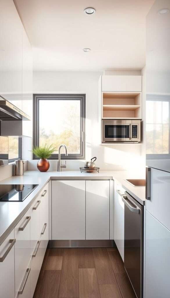 A modern galley kitchen with sleek, slim stainless steel appliances arranged in a clean, minimalist layout. Bright, diffused natural light filters through large windows, casting a warm, cozy glow on the pristine white cabinets and countertops. The appliances, including a compact induction cooktop, built-in microwave, and dishwasher, are neatly integrated into the streamlined design, maximizing the available space. Muted reflections from the brushed metal surfaces add depth and dimension to the scene. The overall atmosphere is one of efficient functionality and elegant simplicity, perfectly suited for a small, cozy kitchen.