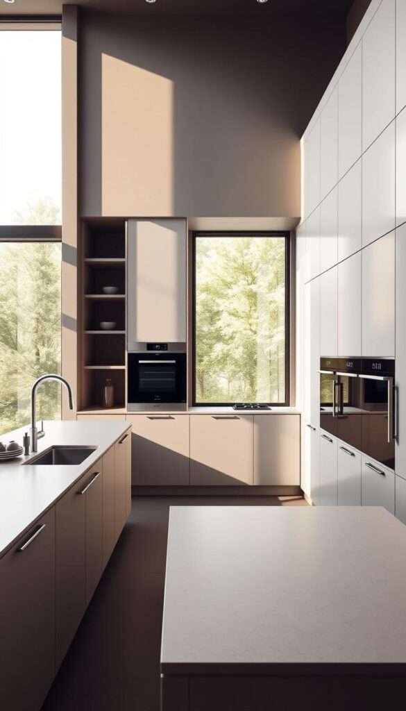 A modern, high-end kitchen with a minimalist, streamlined design, featuring concealed smart technology. The sleek, handleless cabinets in a muted, monochromatic palette create a clean, uncluttered look. Integrated appliances, including a touchless faucet and motion-activated lighting, are seamlessly integrated into the design, blending functionality with aesthetic appeal. Abundant natural light filters through large windows, casting a warm glow over the space. The kitchen island, with its smooth, stone-like surface, serves as the central hub, equipped with discreet charging stations and a voice-controlled digital assistant. The overall atmosphere radiates a sense of refined sophistication and effortless connectivity.